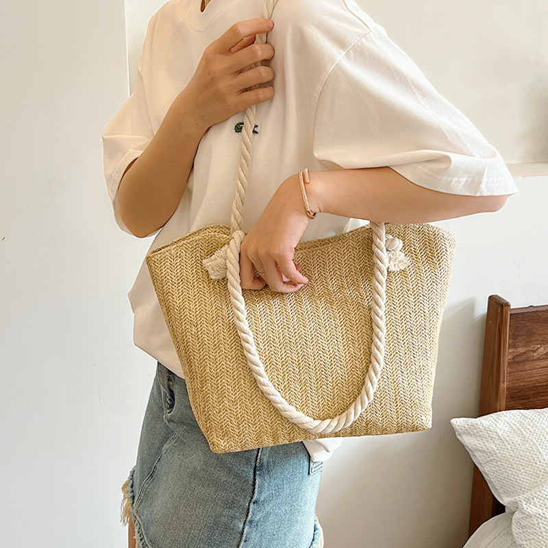 Handmade Rattan Woven Shoulder Bag With Leather Trim And Handle_voghion.com