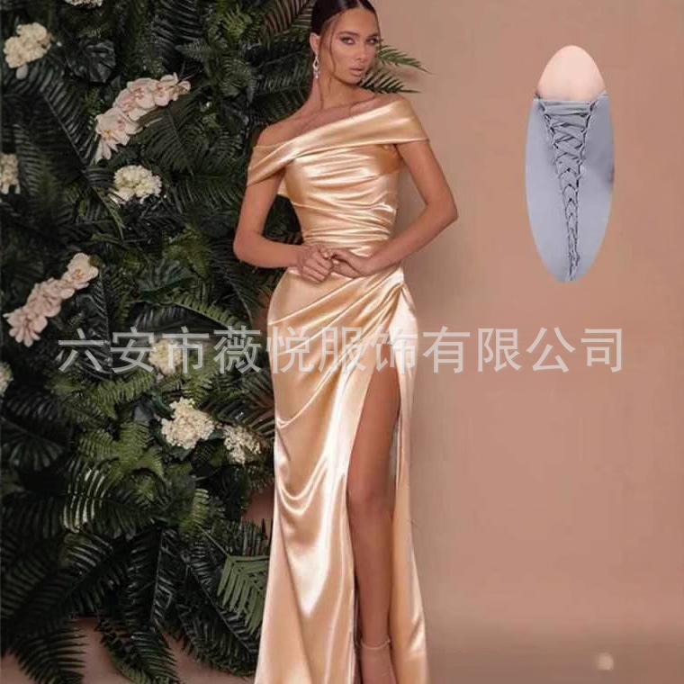 Cross-Border Amazon Evening Dress New Style Slit Satin Long Gown Sexy Ball Gown with a High-End Feel