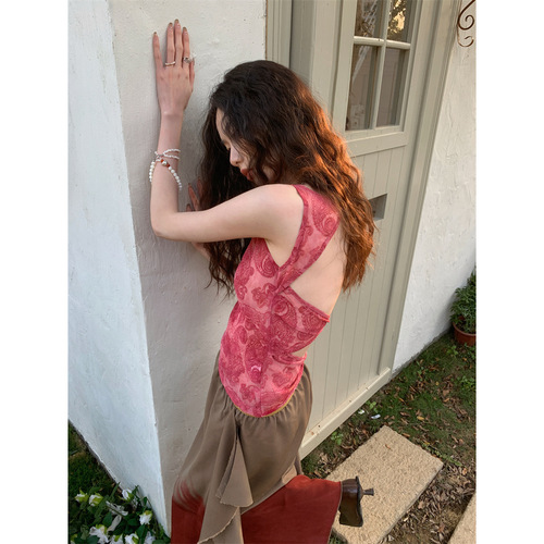 Pure Desire Summer Mesh Top Strappy Backless Bodysuit for Women Shoulder-Strapped French Vintage Print Blouse with Unique Backless Knot