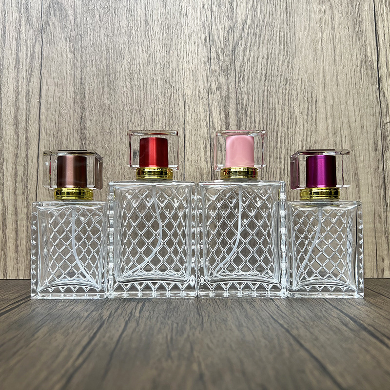 现货B064-50ml 100ml 方形网格螺口玻璃香水瓶便携分装按压喷雾空