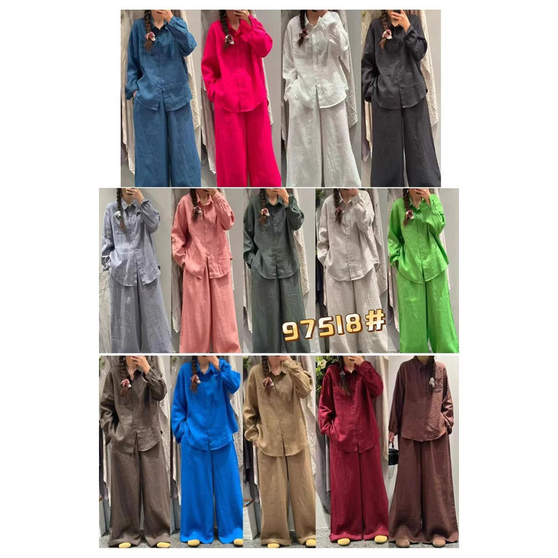 Cz97518 Versatile Linen Loose-Fitting Long-Sleeved Shirt + Casual Pants 2025 New Solid Color Fashion Suit for Women Cz97518 Versatile Linen Loose-Fitting Long-Sleeved Shirt + Casual Pants 2025 New Solid Color Fashion Suit for Women
