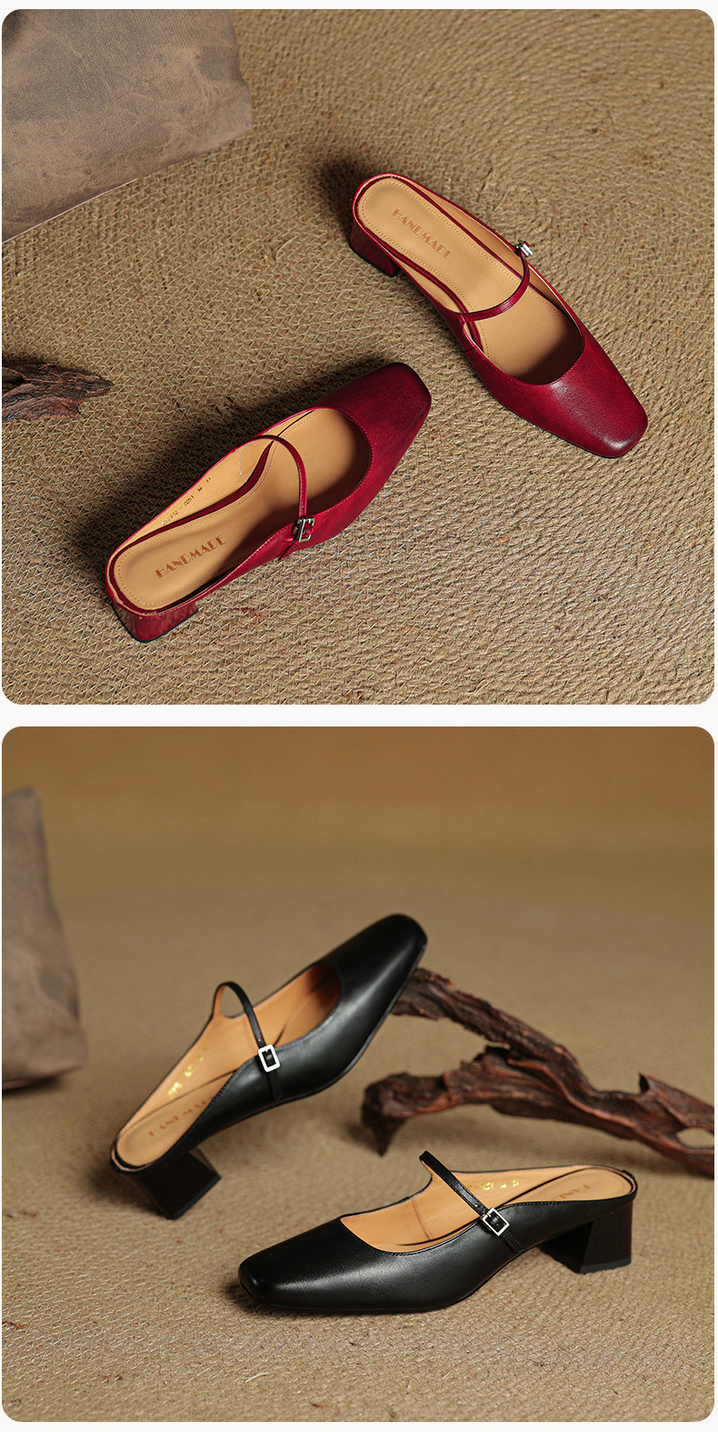 Sandal nữ quai ngang mũi vuông gót 4.5 cm da bò bít mũi hở gót — đen chi tiết 24
