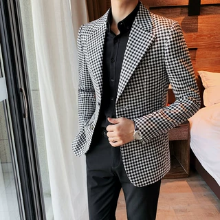 春装新款男士格子西装商务休闲青年千鸟格西服外套型男品质单西装