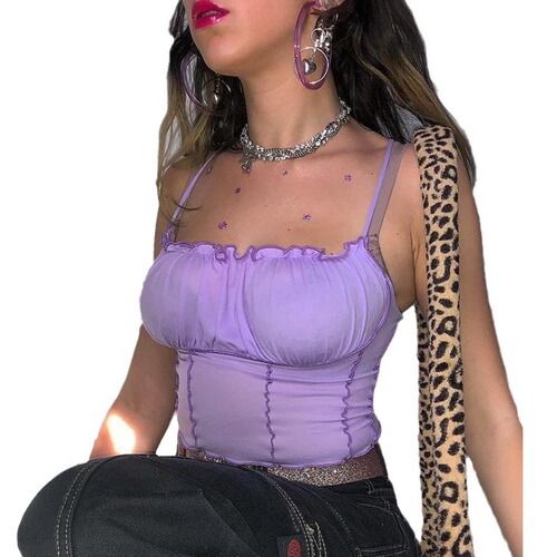 In stock 2024 summer camisole crop top ruffled spaghetti strap sexy chic versatile chest-flattering slim-fit women's top