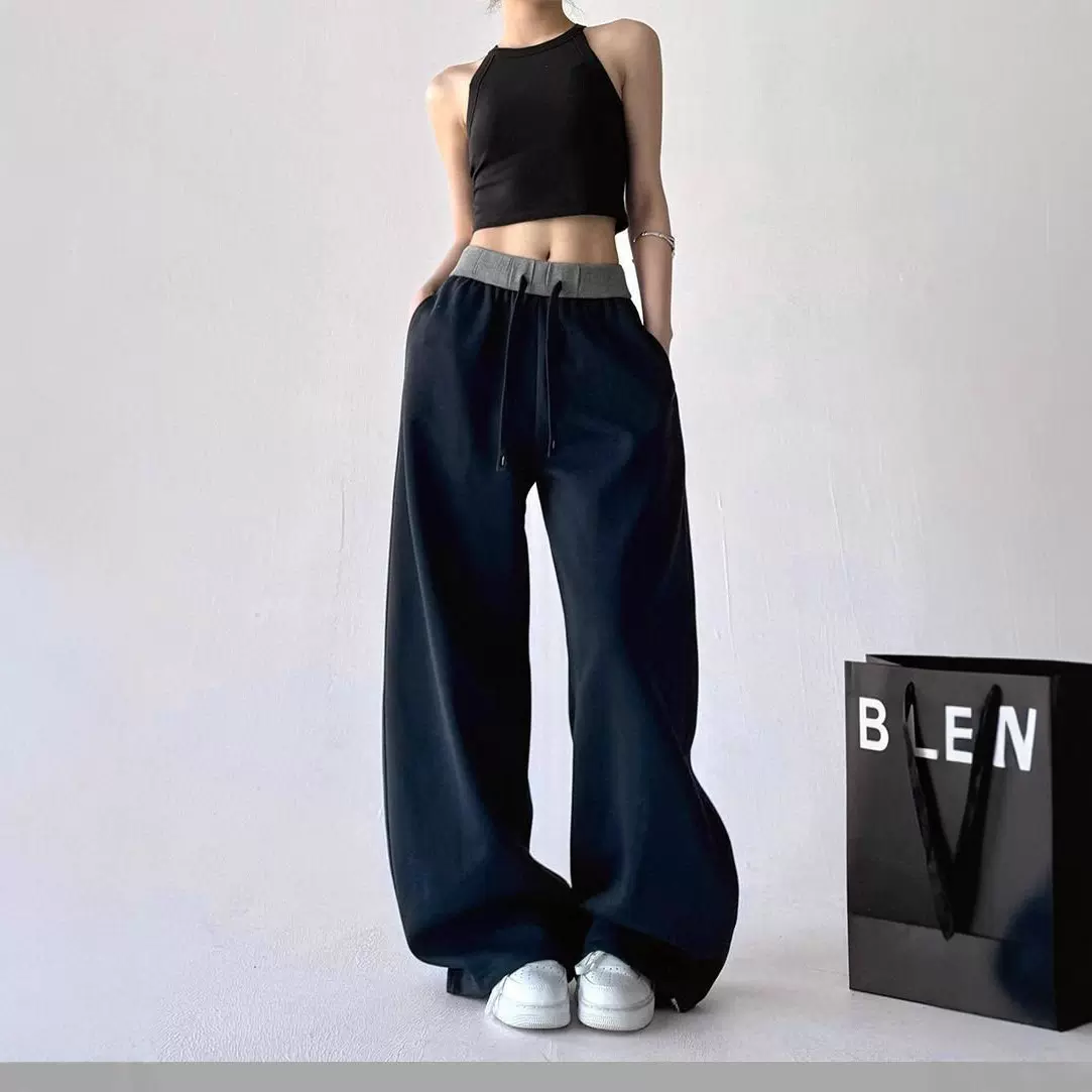 严选秋冬款撞色腰弯刀裤女高腰显瘦休闲卫裤香蕉阔腿裤直筒阔腿裤