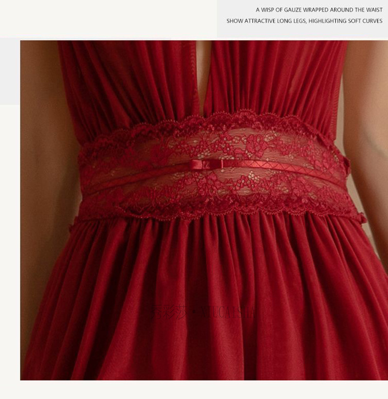 Pleated Halter Mesh Babydoll Set with Deep-V Neckline and Matching Panty — detail image 5
