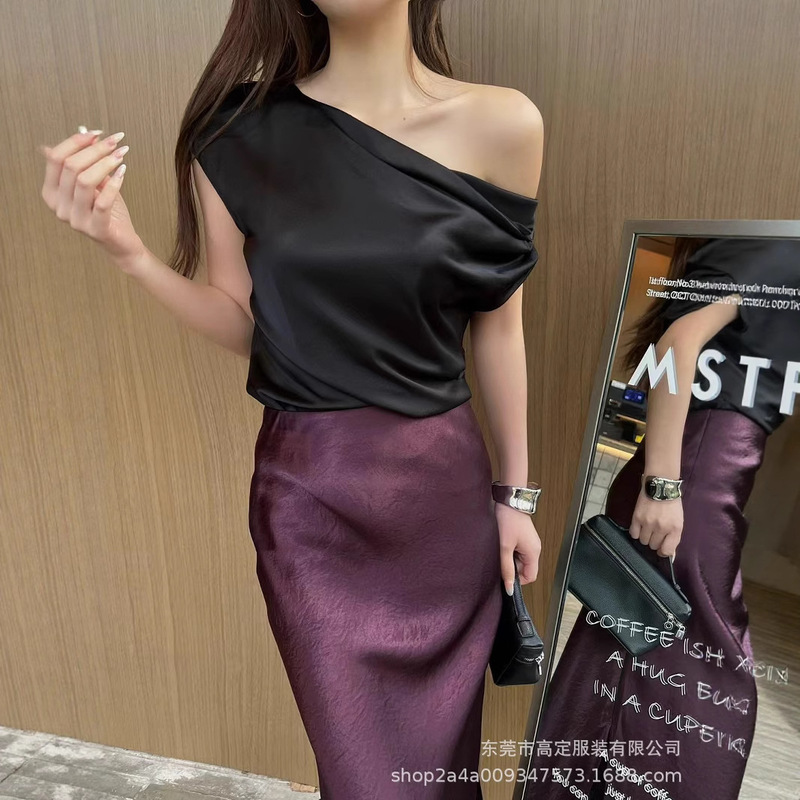 High-End Japanese Heavy Acetate Off-Shoulder Top, Sexy Satin French-Style Solid Color Loose Draped Collar Short-Sleeve T-Shirt