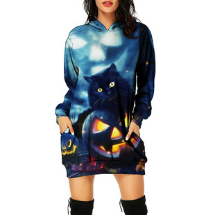 Black Cross-border Hoodie Halloween Casual Pullover Printed Loose Mid-length Sweater Dress Women's High-end