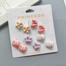 新儿童耳夹无耳洞可爱亮面奶油色兔花朵蝴蝶结耳环学生耳饰品套装