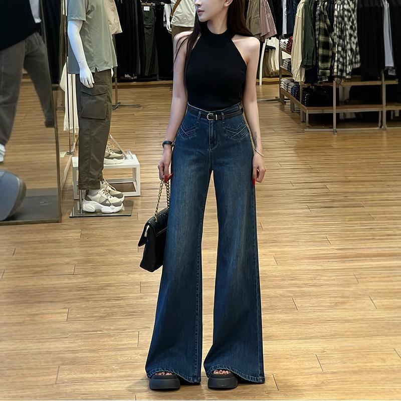 设计感高腰不贴腿喇叭牛仔裤女2025秋季新款百搭遮肉显瘦阔腿长裤|undefined