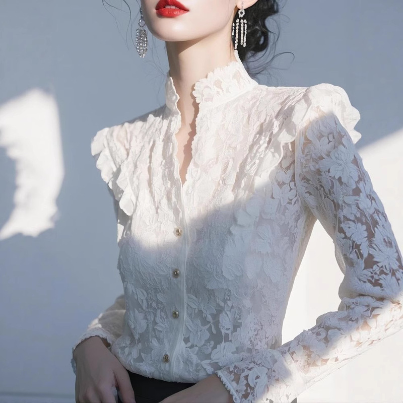 Light Luxury High-End Unique Beautiful White Lace Shirt 2025 Autum New Stand-Up Collar French Style Top