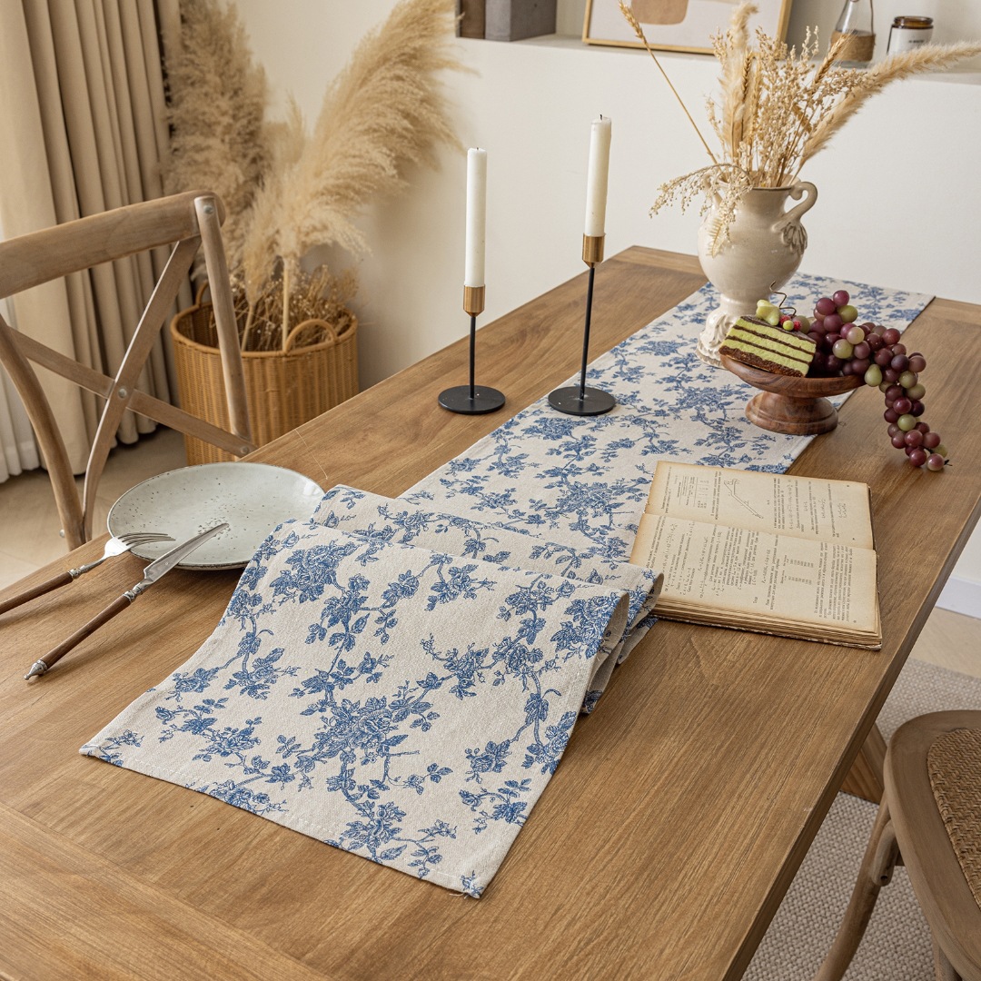 Retro blue and white porcelain cotton linen table flag tea flag…
