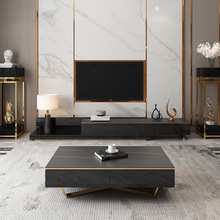 意式岩板简约茶几电视柜组合伸缩小户型茶几金色客厅简约现代家用