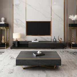 意式岩板简约茶几电视柜组合伸缩小户型茶几金色客厅简约现代家用