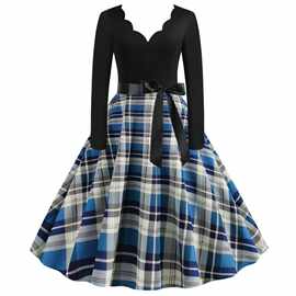 实拍速卖通复古赫本风印花拼接长袖烧花大摆连衣裙