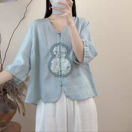 葫芦刺绣苎麻衬衫女夏款文艺苎麻上衣休闲小衫V领中袖宽松麻衬衣