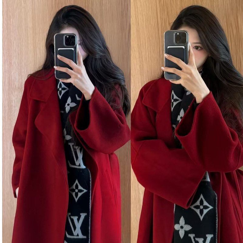 New Year Double-sided Wool Coat Women's Down Liner Long 2024 Winter Red Wedding Bride Wool Coat