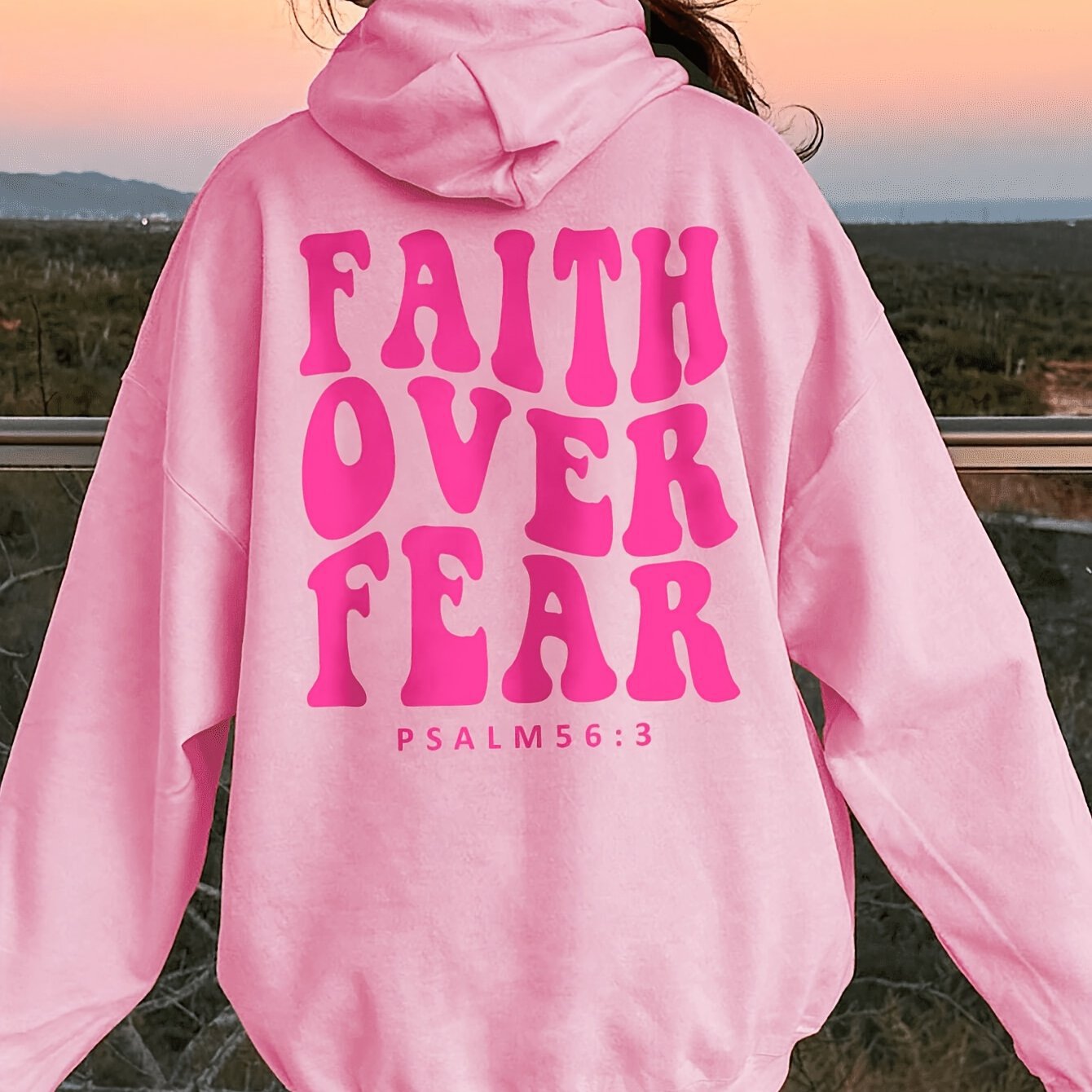 Ouma Faith Over Fear Printed Pocket Sweatshirt, Casual Long Sleeve Drawstring Hooded Sweatshirt_voghion.com