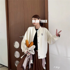 012 BLUE TREE蓝树正品圆领卫衣女秋季新款卡通刺绣系扣开衫女潮