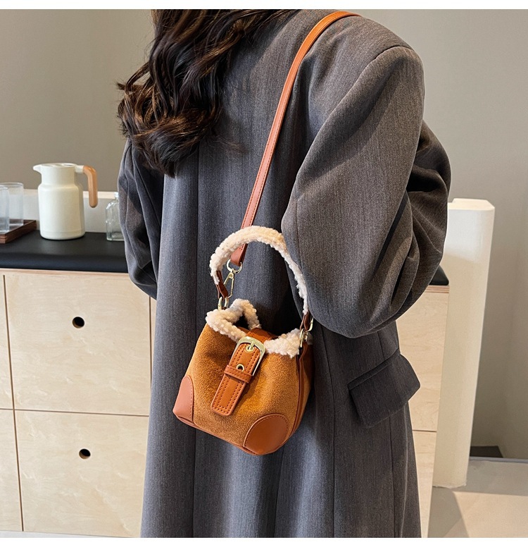 Lambskin mini bucket bag, Maillard suede retro handbag, 2024 new style, single-shoulder crossbody handbag undefined