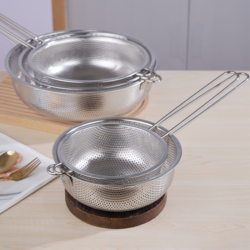 Cesta de frita de acero inoxidable con mango perforación cucharas de aceite de filtro cucharas de filtrado de vegetales y frutas cestas de drenaje cucharas de filtrado cucharas de escoria