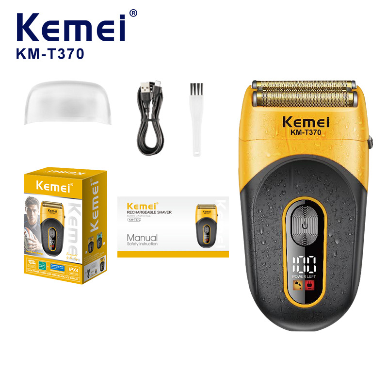 Afeitadora eléctrica Kemei modelo transfronterizo KM-T370 con pantalla digital, rasuradora recíproca de tres cuchillas y recortadora de barba.