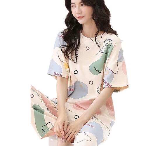 Cross-border best-selling women's pajamas with built-in cups, sweet short-sleeved pants, summer loose version, thin home clothes that can be worn outside, set