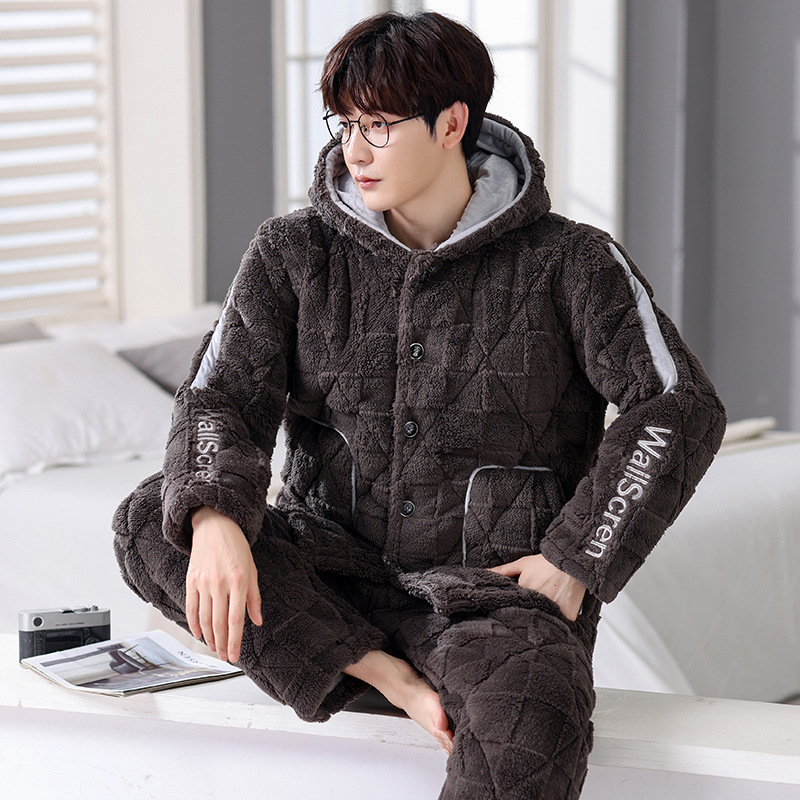 Extra Large Size Pajamas Men's Winter Three-Layer Thickened Coral Fleece Warm Cotton Hooded Flannel Home Clothes