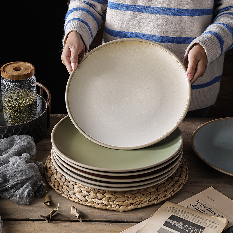 Ceramic Retro Steak Plate Household Dish Plate Japanese Tableware Large Flat Plate Western Food Plate Restaurant Commercial Pasta Plate