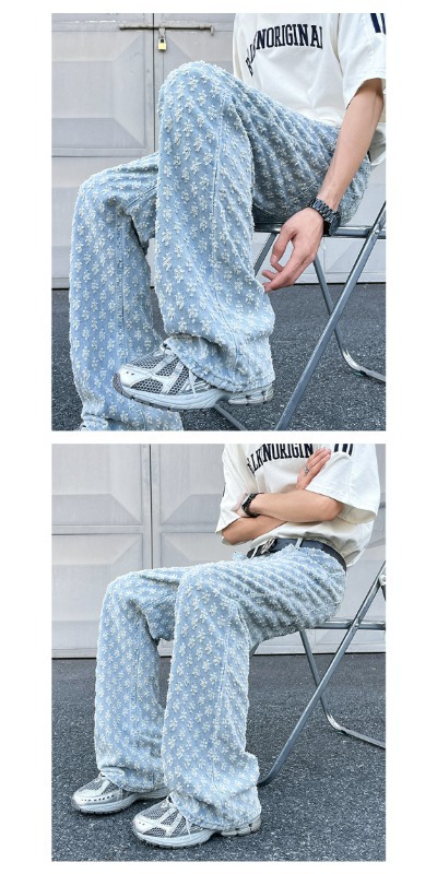 Men's Blue Jacquard Pattern Straight Jeans Flared High Street_voghion.com