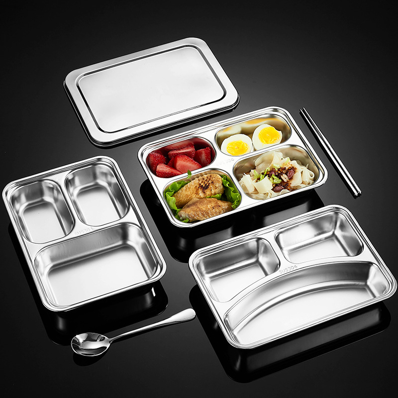 Factory 304 Stainless Steel Fast Food Tray Kindergarten Student Cafeteria Divided Meal Tray Commercial Square Three-Compartment Lunch Box