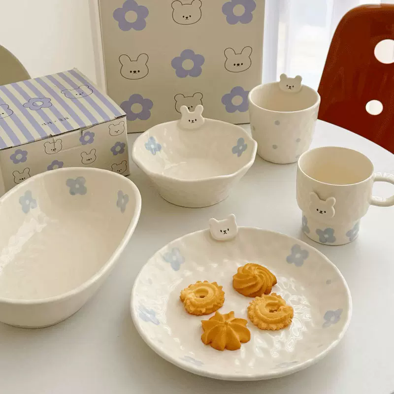 情绪熊兔釉下彩网红餐具可爱水果盘甜品碗盘子马克杯早餐碗盘套装