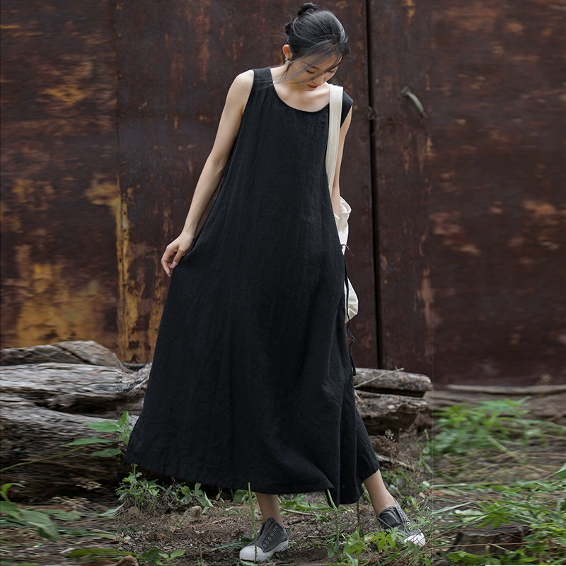 Новое женское платье из хлопка и льна без рукавов на завязках, осенне-зимнее, 2025 года, для дома и путешествий, длинное, в художественном стиле