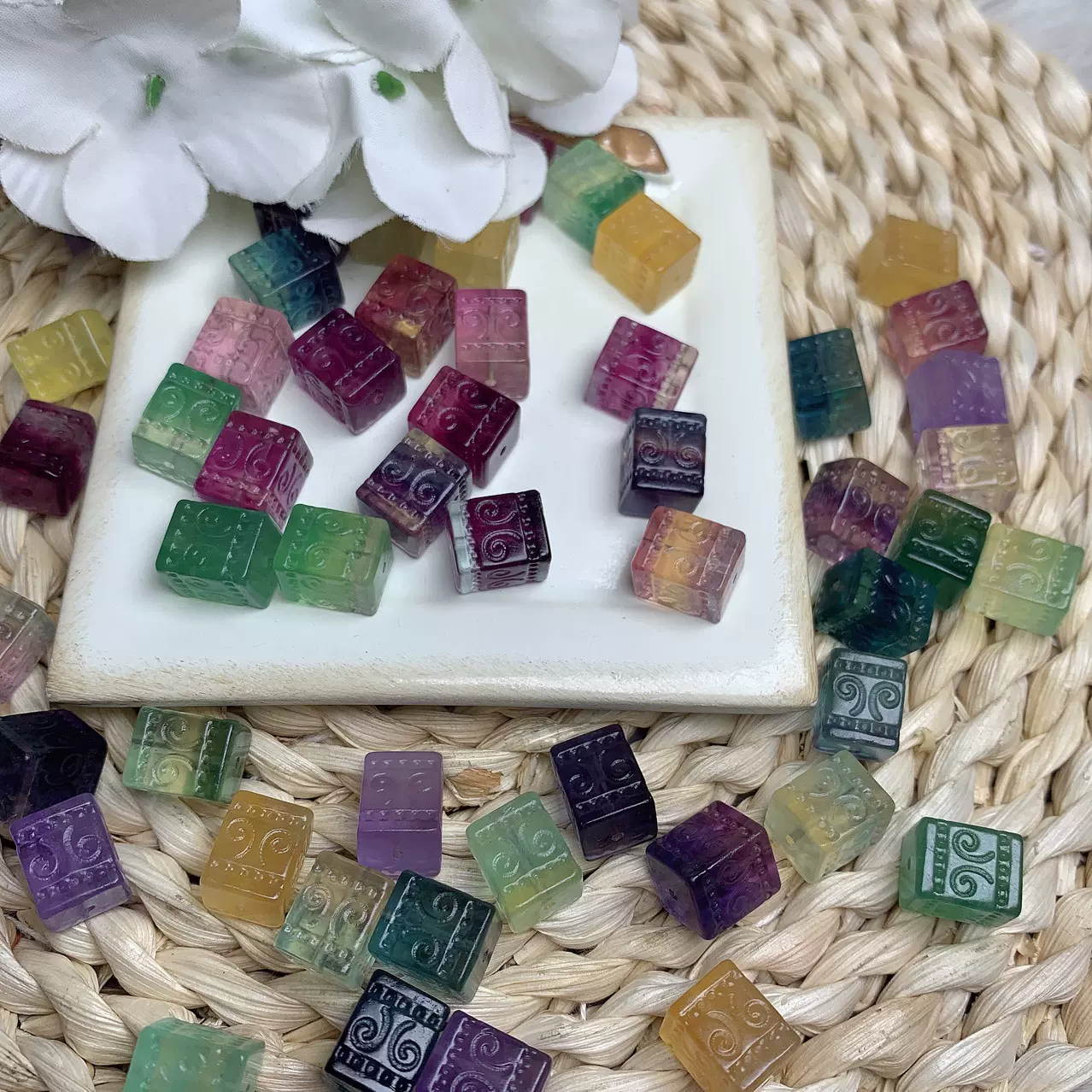 天然彩色萤石方形纹桶珠散珠手串手链串珠子手工diy