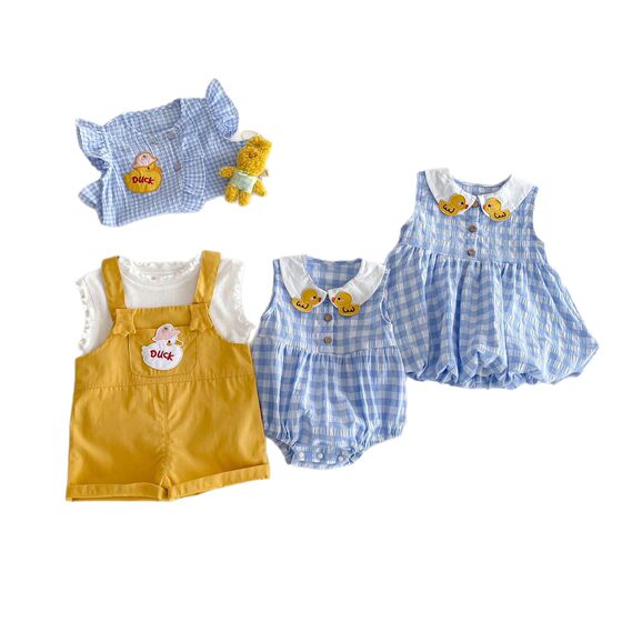 Girls Cartoon Series 2025 New Summer Children's Korean-style Summer Wear Thin Baby Letter Duckling Series Sisters Wear