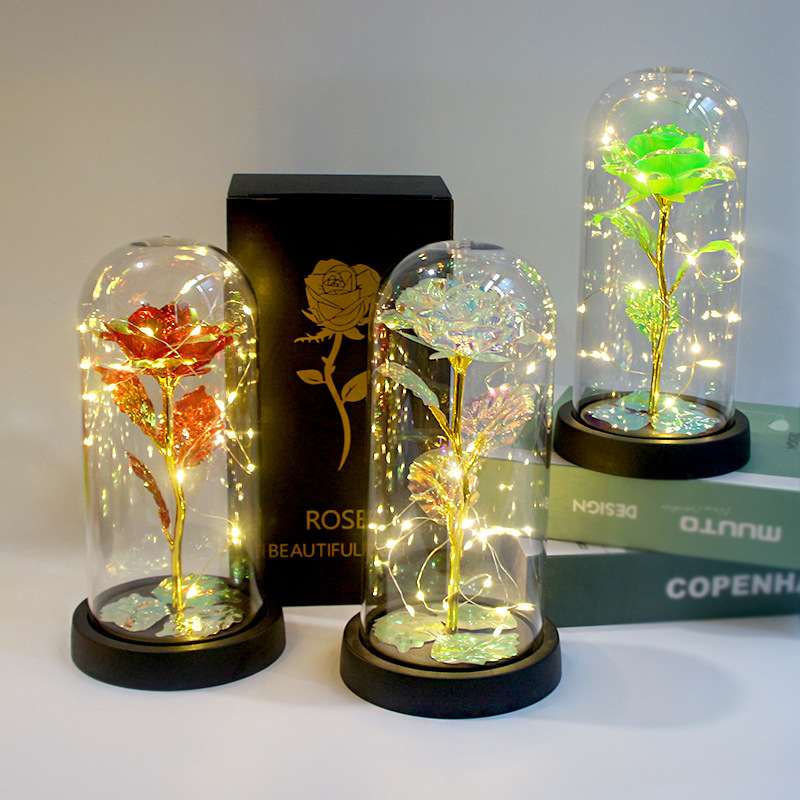 Regalo del Día de San Valentín para novia Rosa noche luz LED acrílico cubierta hoja oro flor caja regalo Navidad