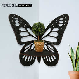 创意木制工艺品镂空蝴蝶造型水晶能量石墙角展示架木质置物架