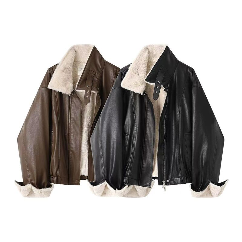 Fleece Leather Jacket for Women, Petite Style, 2025 New Winter Loose Short Pu Leather Jacket