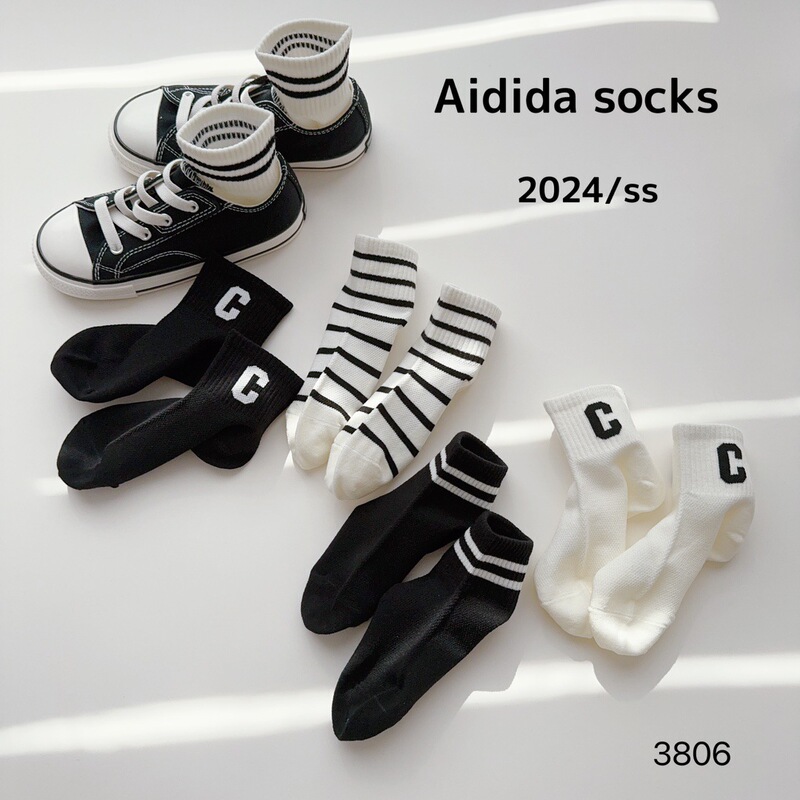 Love Dida Children's Socks Summer Men's and Women's Mesh Black and White Striped Sports Korean-style Letter Big C Explosive Mid-length Socks