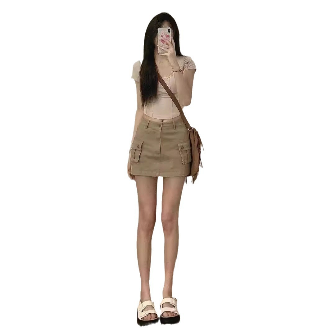 Women's Workwear Half-Skirt 2024 Summer New Fashion High-Waist Khaki Color Slimming Hot Girl A-Line Skirt Bustier Short Skirt
