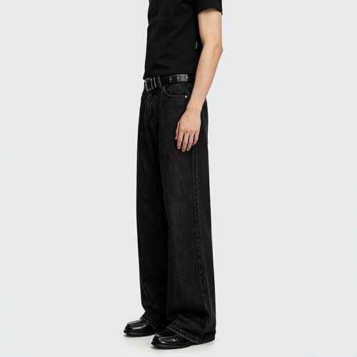 American retro thorn embroidery black ox handsome jeans for men and women's loose casual wide-leg clean fit micro-pants