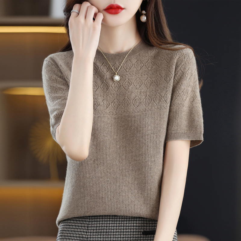 Hollow-out round neck knitted short-sleeved T-shirt bottoming shirt for women Spring and Autumn new half-sleeved loose versatile slimming thin vest