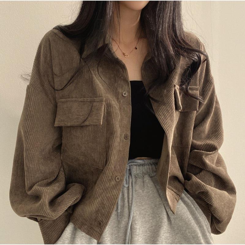 Women's Spring and Autumn New Retro Loose Corduroy Thickened Easiest for Match Layered Long Sleeve Shirt Jacket Women's Salt Style