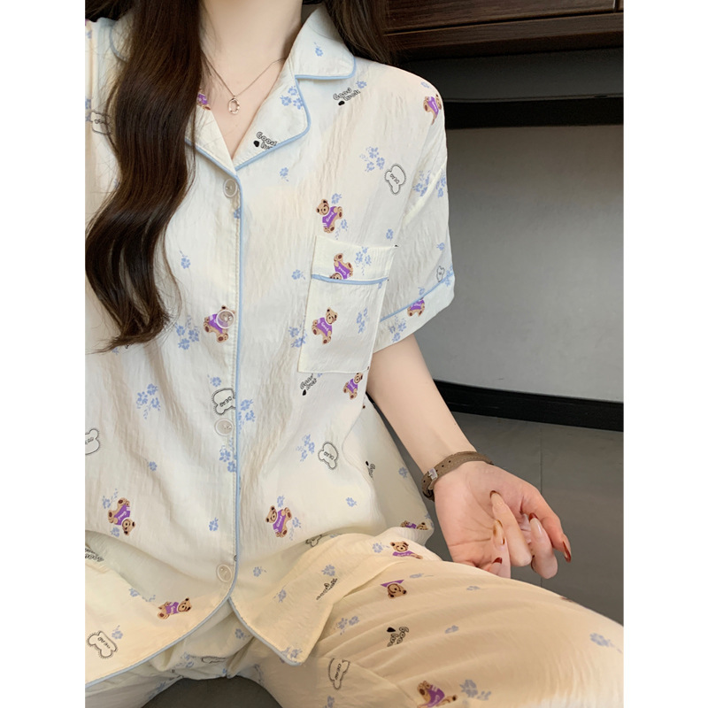 Korean-Style Lace Pajamas for Women, Summer Cloud Cotton Short-Sleeve Long Pants Set, Bear Design, Ins-Style Loungewear, Can Be Worn Outside