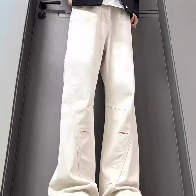 Spring and Summer New Style Off-White Jeans for Men, American High Street Vibe Style, Buttoned Straight-Leg Loose Flared Long Pants