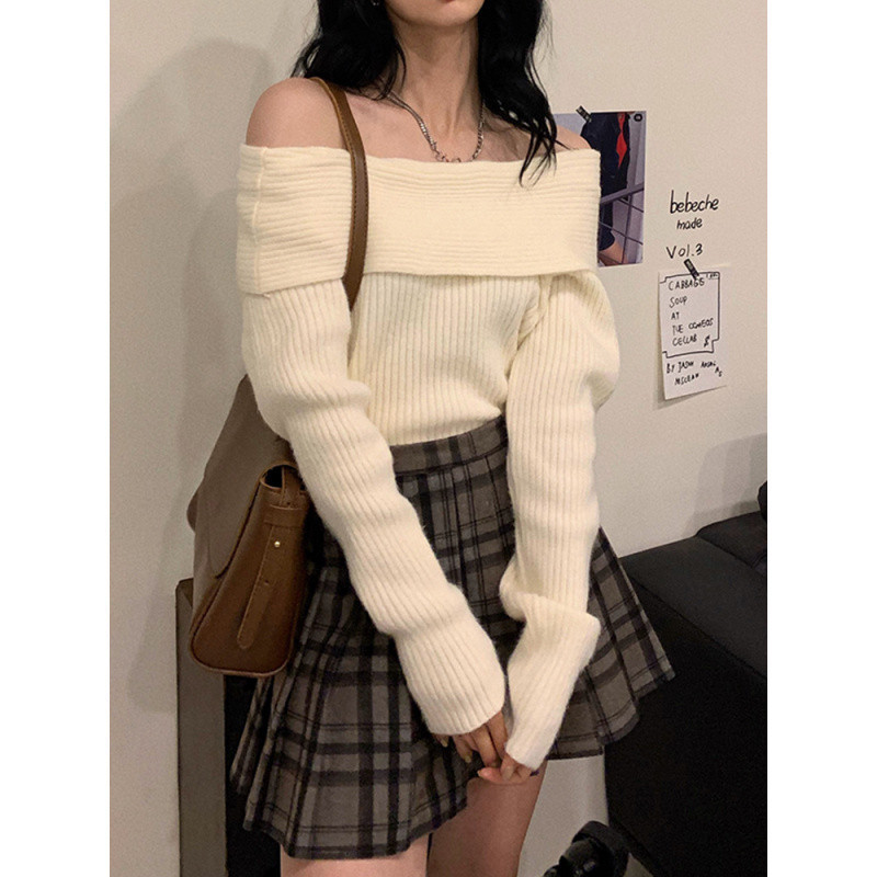 露肩慵懒风加厚一字肩毛衣女秋冬季新款辣妹设计感一字领针织上衣|undefined