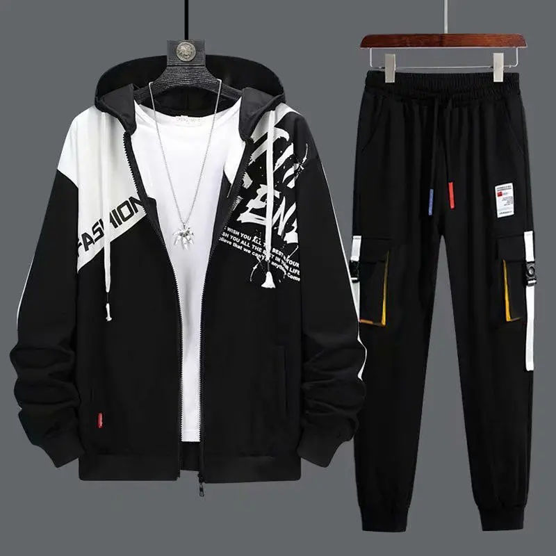 봄과 가을 카디건 스포츠 세트 남자 10 대 스웨터 패셔너블 루즈 투피스 세트 주니어 고등학교 재킷 남자 한국식