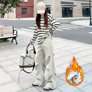 加绒铆钉工装裤子女秋冬2025加厚高腰直筒卫裤垂感阔腿休闲拖地裤