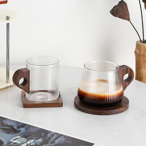 US4A法风竖纹木柄咖啡杯复古日式玻璃杯子意式挂耳拿铁杯高颜值水