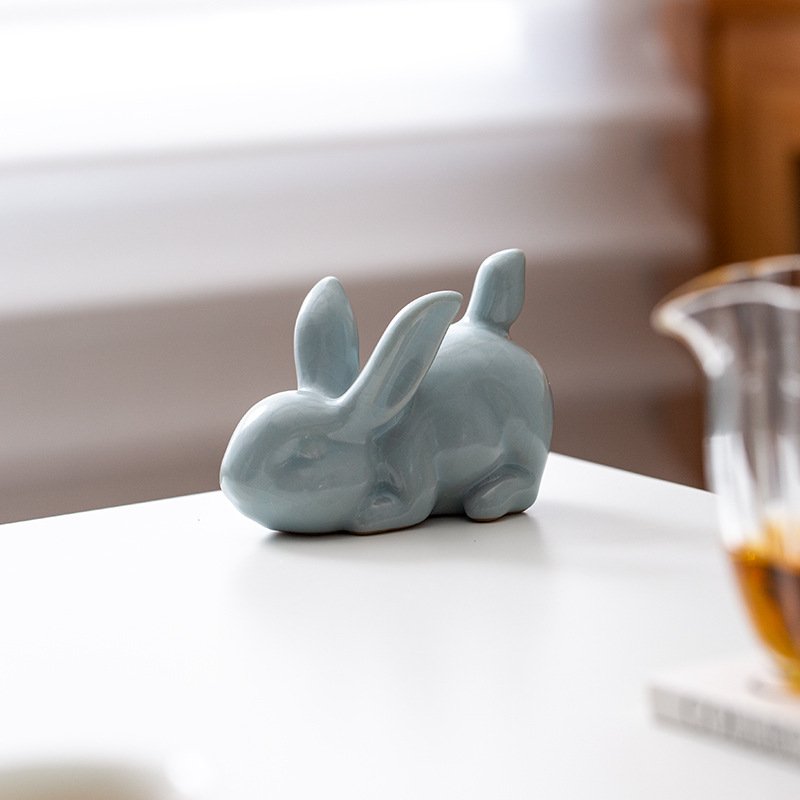 汝窑茶宠兔子可养蝉翼开片汝瓷茶道功夫茶具配件陶瓷摆件可爱茶玩
